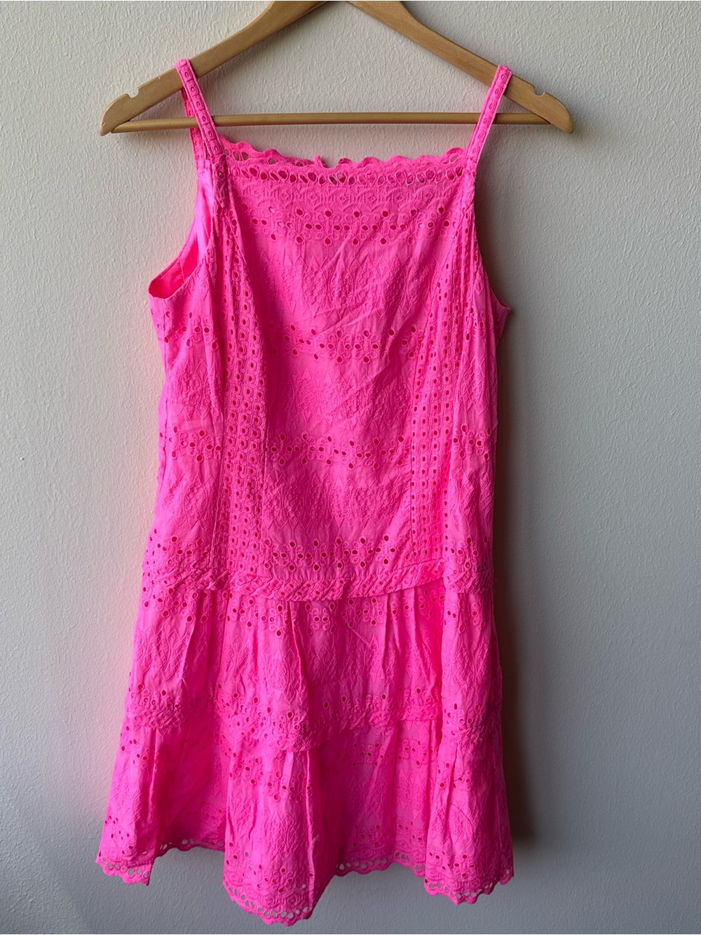 Nanette Lepore Fiesta Neon Pink Windswept Eyelet Embroidered Scalloped Hem Dress